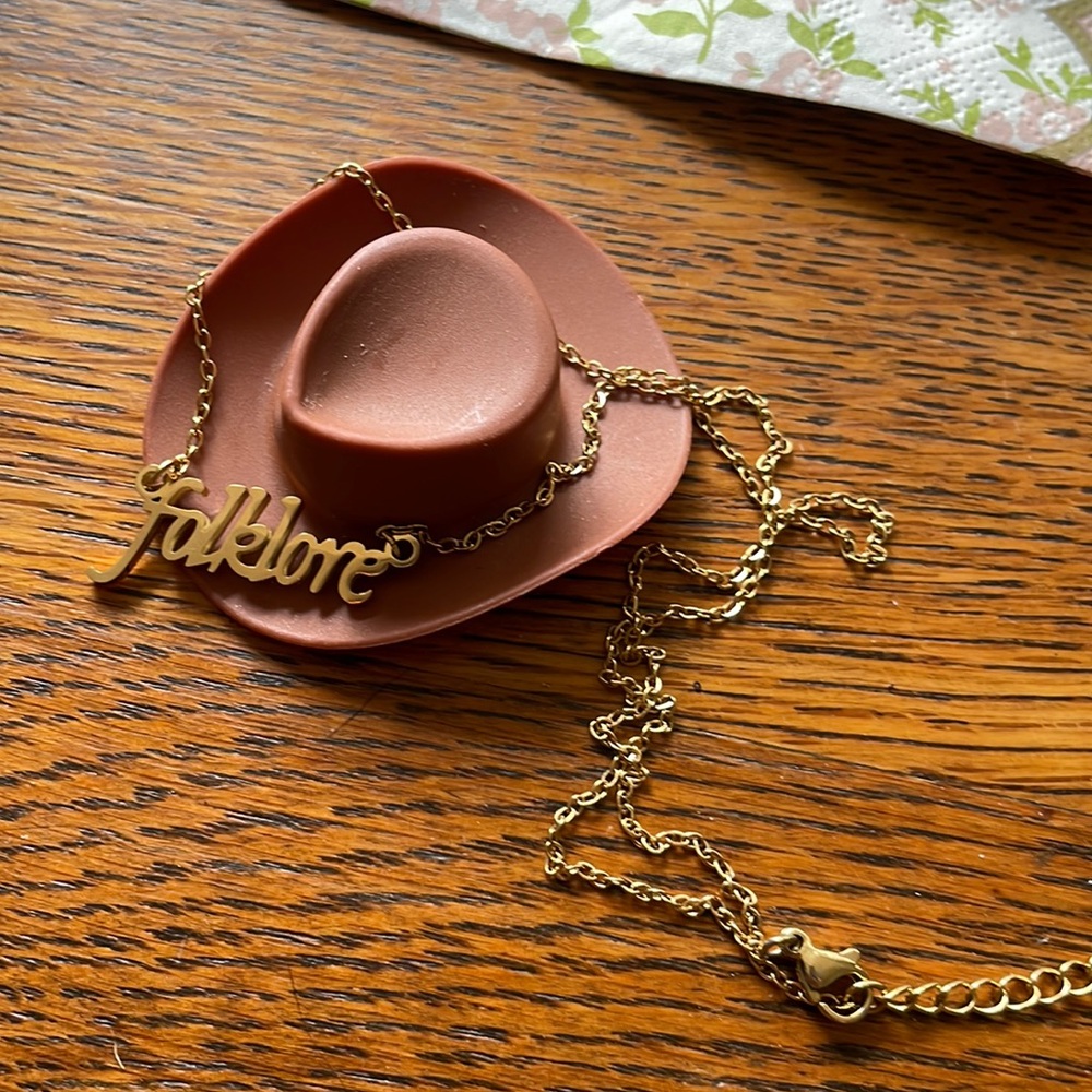 SOLD Taylor Swift Folklore Necklace  Album Gold Handwriting Script Text - Picture 3 of 6